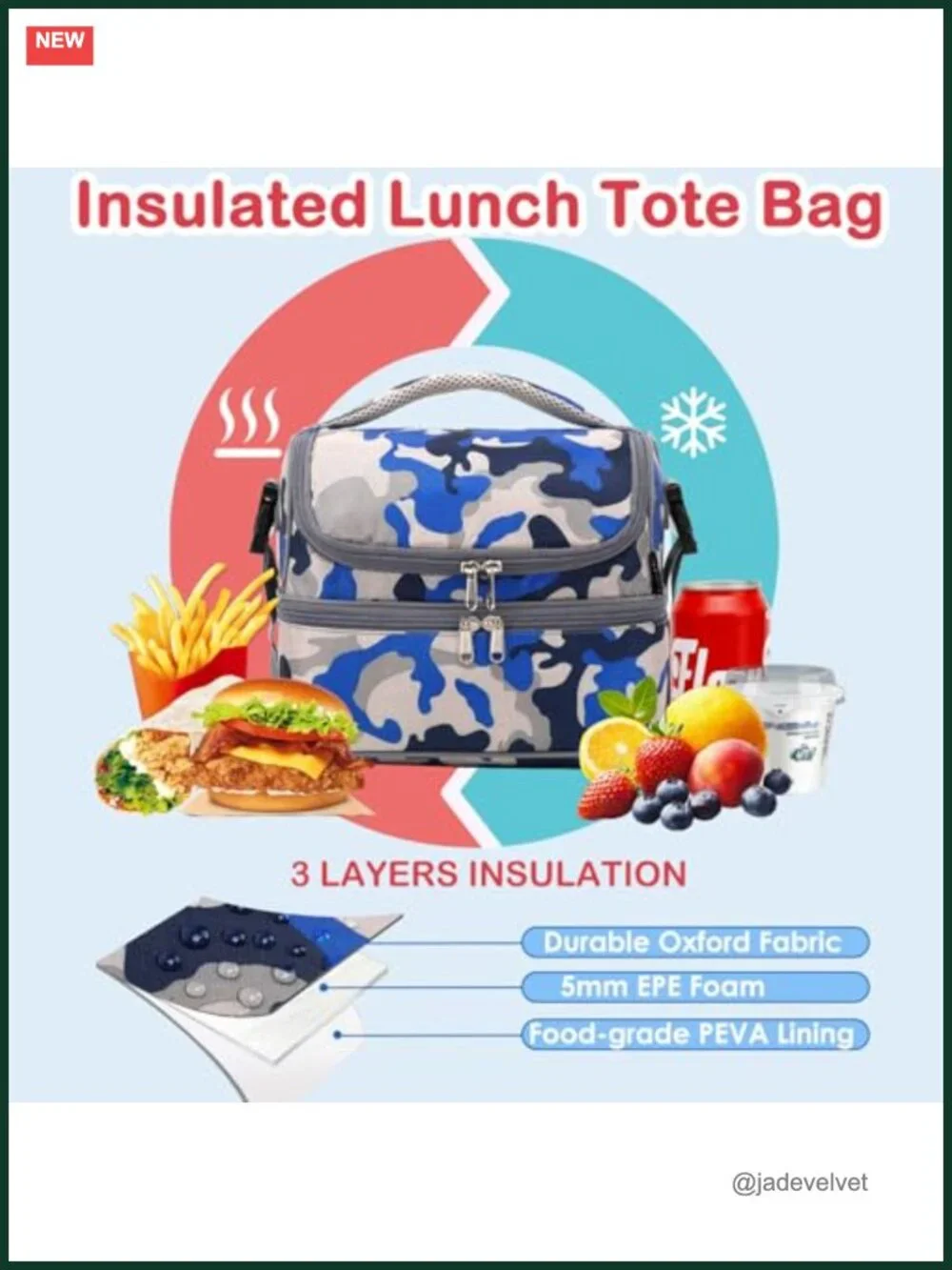 Double Decker Insulated Lunch Bag Tote with Adjustable Strap, Polyester